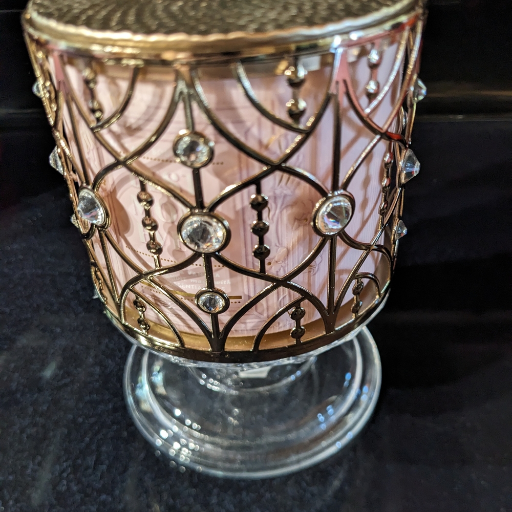 Bath & Body Works Gold Wire Gems 3 Wick Candle Holder Glass Pedestal ~NEW~